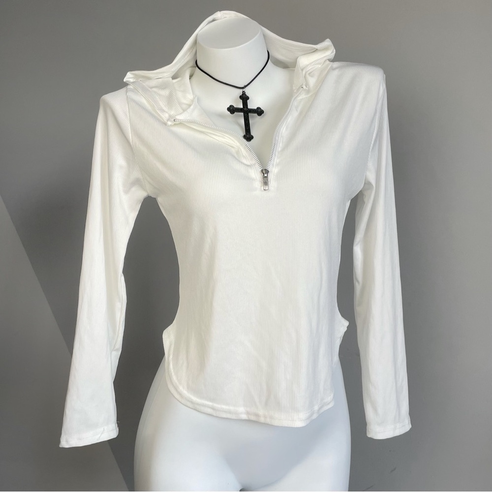 White Ribbed Long Sleeve Zip Up Hoodie